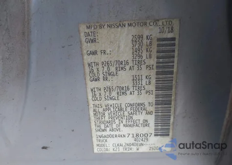 2019 Nissan Frontier Sv из США, поврежденный, VIN 1N6AD0ER4KN718007